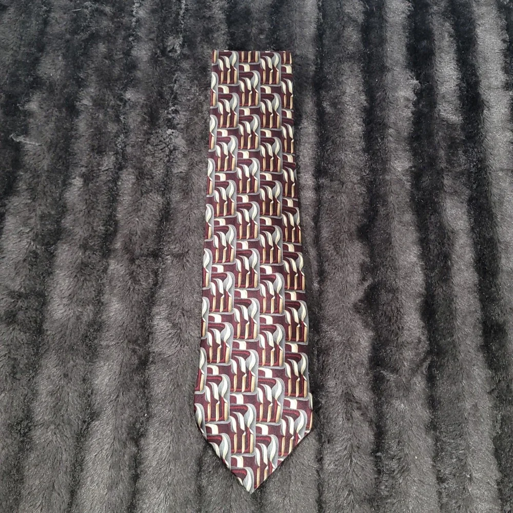 The Beatles Birthday Necktie Apple Corps Ltd Burgundy Grey Geometric Abstract